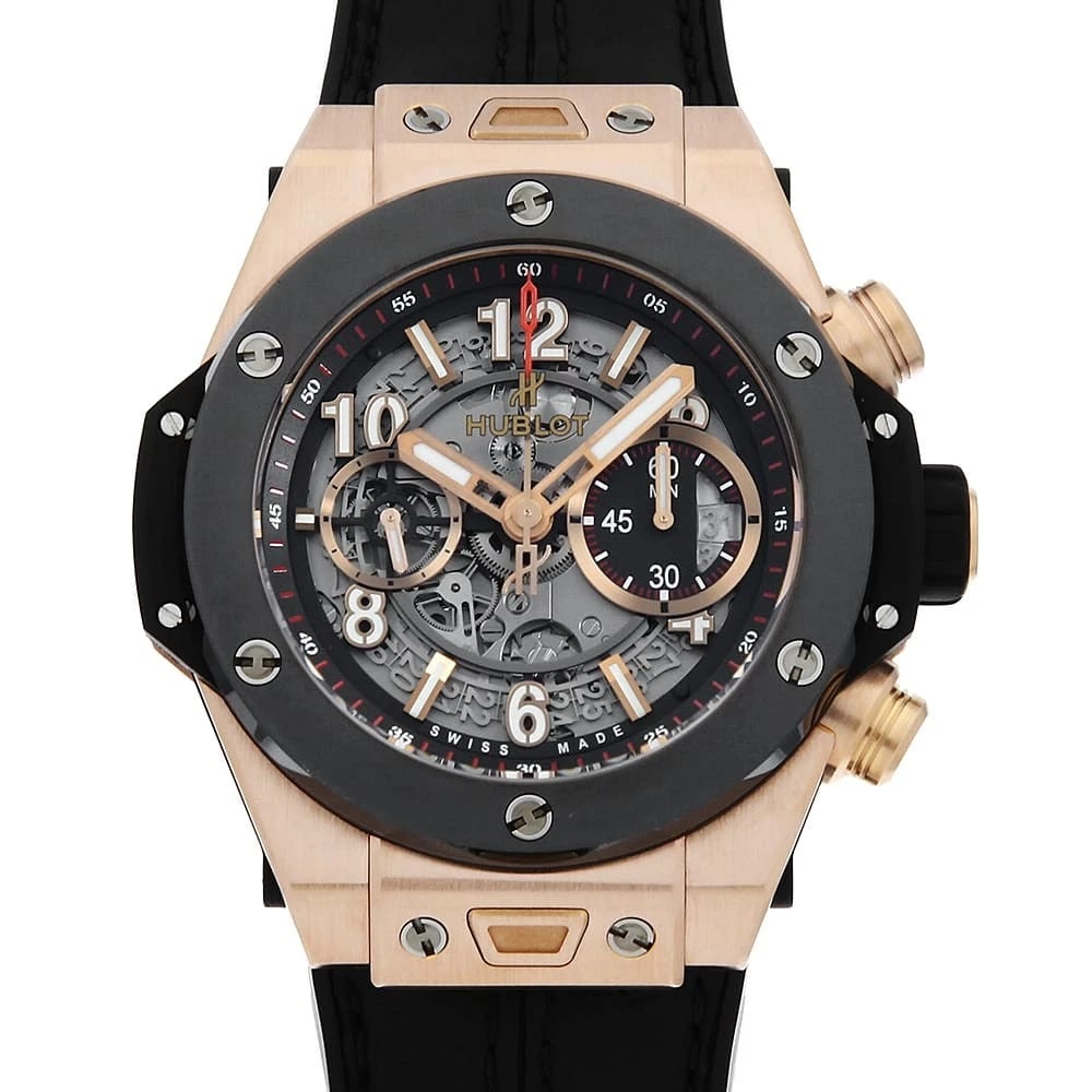 HUBLOT BIG BANG UNICO KING GOLD CERAMIC WATCH: HUBLOT Big Bang Unico King Gold Ceramic Watch Brand: HUBLOT Type: Wrist watch Material: Band Material Calfskin, Case Material King gold/ceramic Color: Dial color Skeleton Size: Case:W45mm