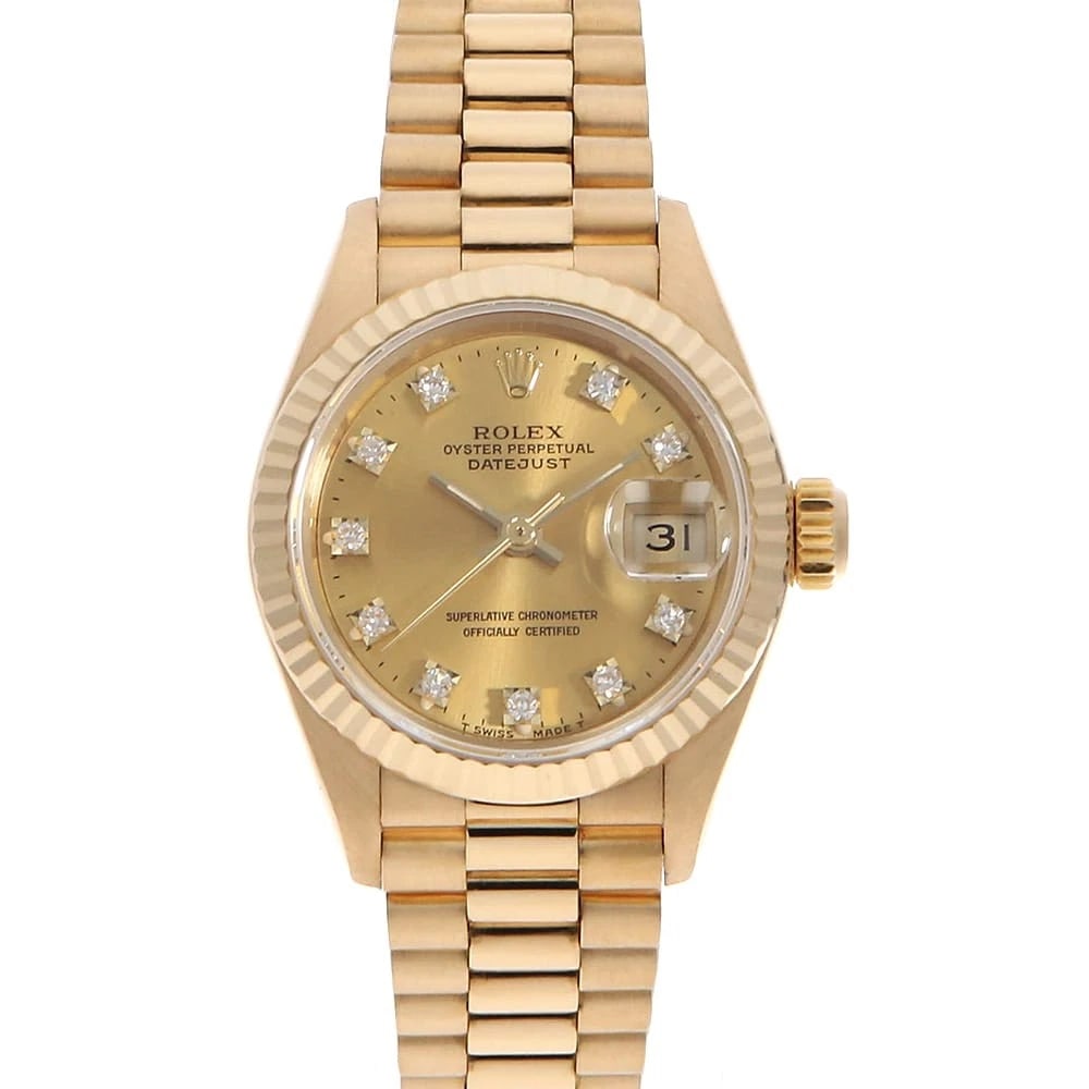 ROLEX DATEJUST DIAMOND CHAMPAGNE WATCH: ROLEX Datejust Diamond Champagne Watch Brand: ROLEX Type: Wrist watch Material: Band Material Yellow Gold, Case Material Yellow Gold Color: Dial color Champagne Gold Size: Case:W26mm Circumference of