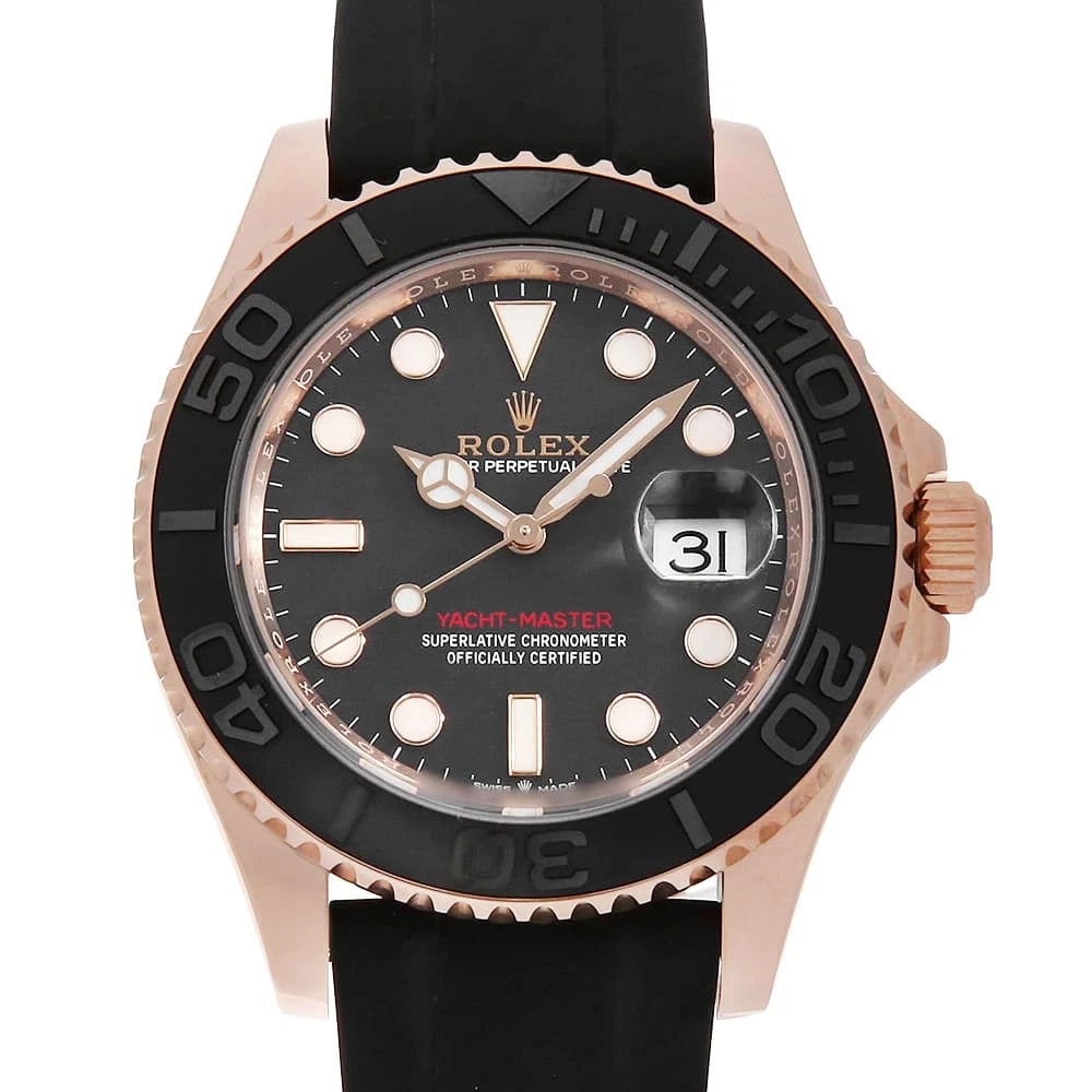ROLEX YACHT MASTER BLACK WATCH: ROLEX Yacht master black Watch Brand: ROLEX Type: Wrist watch Material: Band Material rubber, Case Material Everose Gold Color: Dial color Black Size: Case:W40mm Circumference of Wrist:19cm Access
