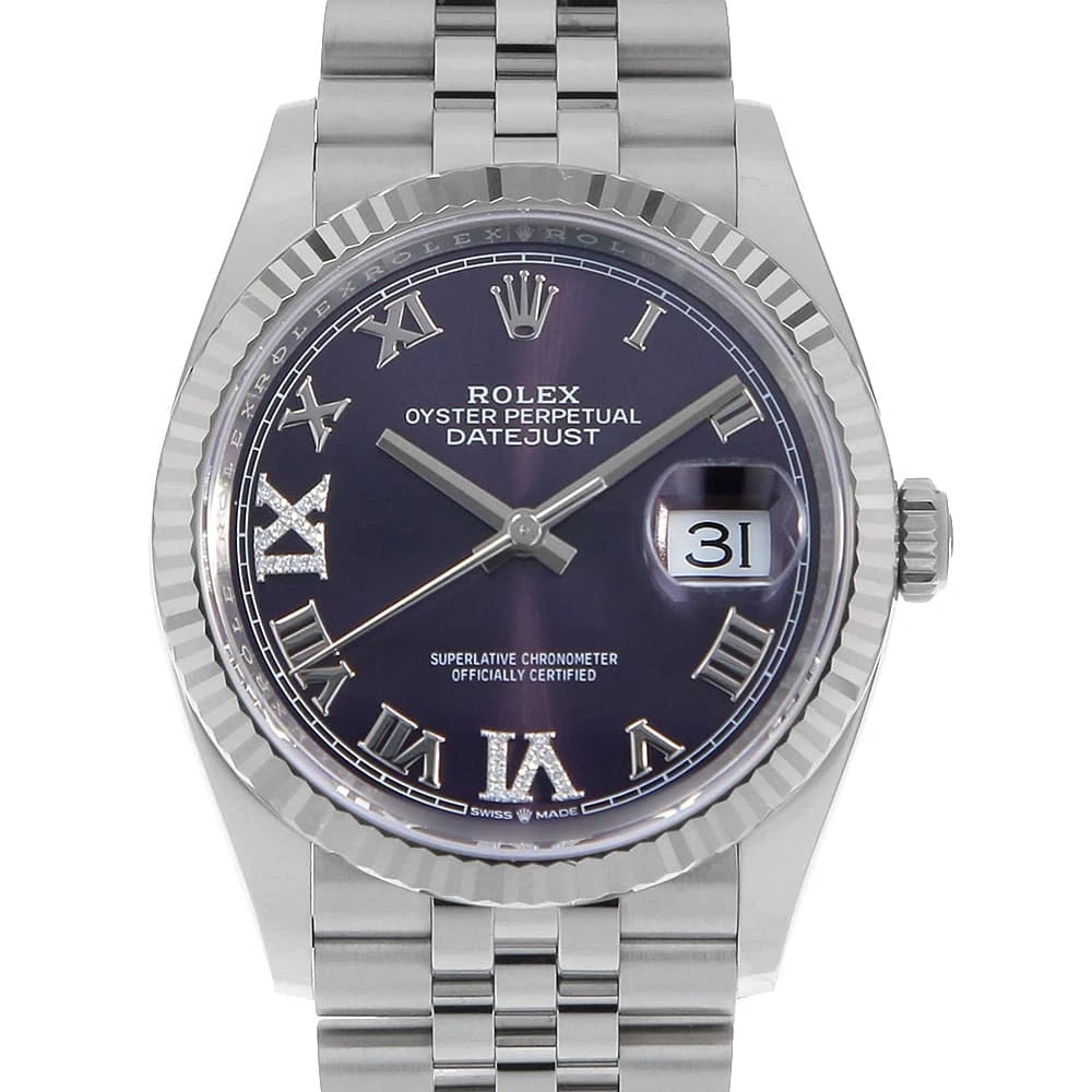 ROLEX DATEJUST DIAMOND AUBERZINE WATCH: ROLEX Datejust Diamond Auberzine Watch Brand: ROLEX Type: Wrist watch Material: Band Material Stainless Steel, Case Material Stainless Steel/White gold Color: Dial color Aubergine Size: Case:W36mm Cir