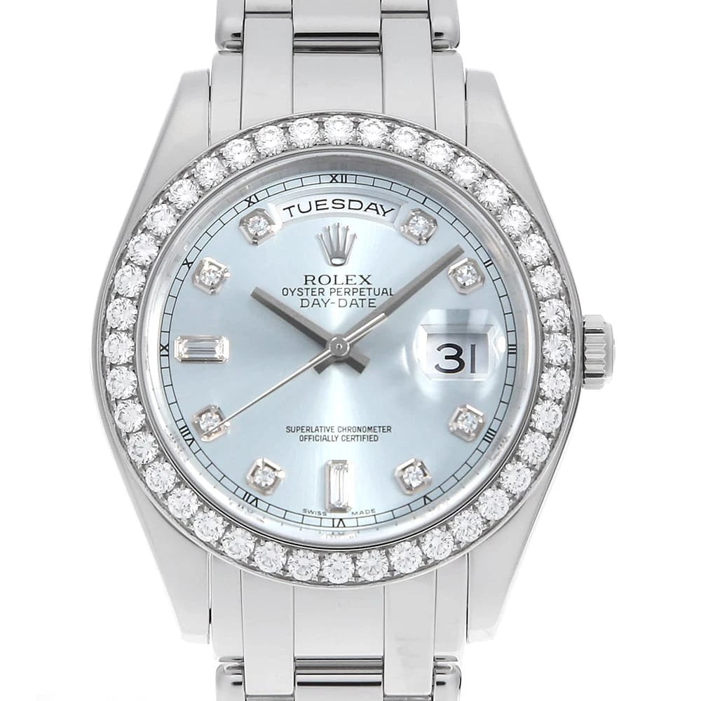 ROLEX DATE PEARLMASTER DIAMOND BEZEL WATCH: ROLEX Date Pearlmaster diamond bezel Watch Brand: ROLEX Type: Wrist watch Material: Band Material Platinum, Case Material Platinum Color: Dial color Ice Blue Size: Case:W39mm Circumference of Wrist:17