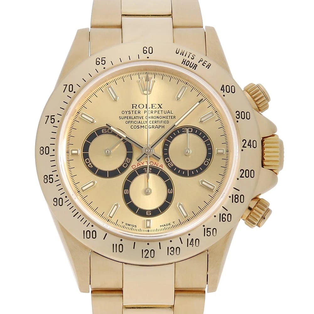ROLEX COSMOGRAPH DAYTONA CHAMPAGNE TRITIUM WATCH: ROLEX Cosmograph Daytona Champagne tritium Watch Brand: ROLEX Type: Wrist watch Material: Band Material Yellow Gold, Case Material Yellow Gold Color: Dial color Champagne Gold Size: Case:W40mm