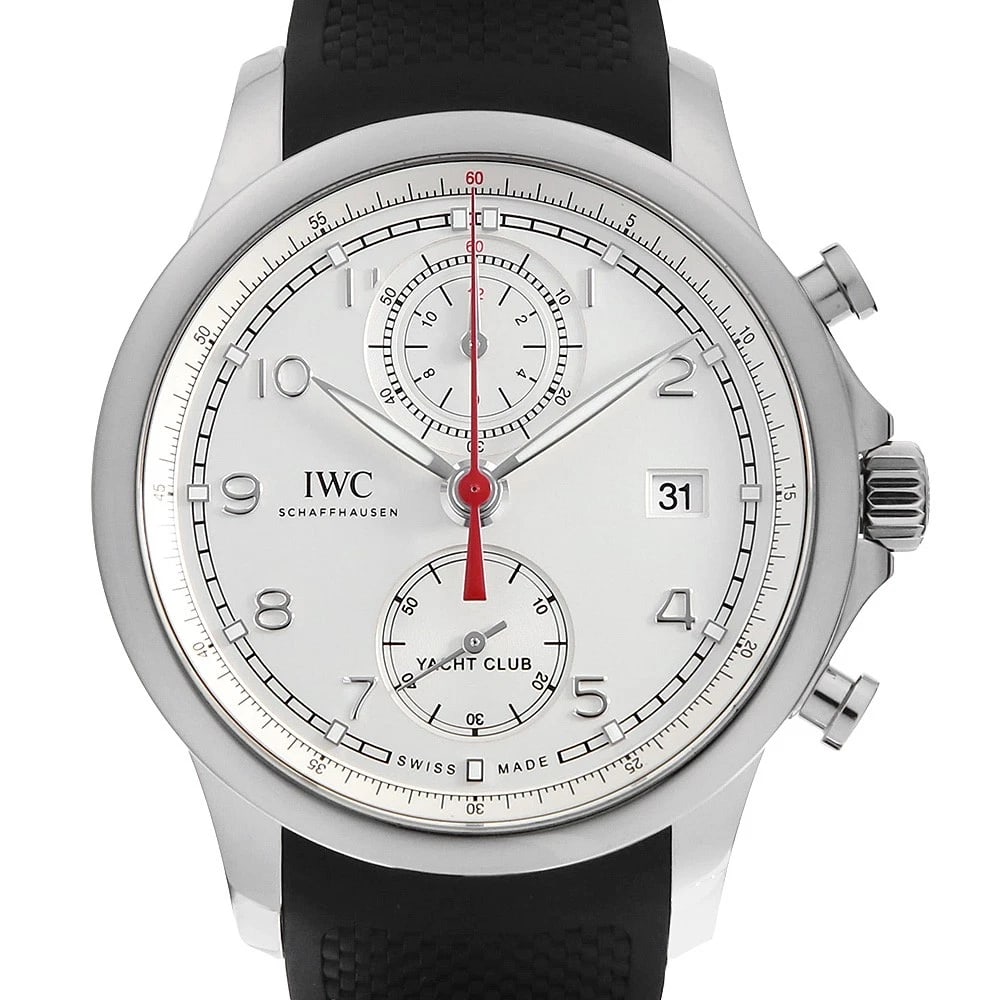 IWC PORTUGIESER YACHT CLUB CHRONOGRAPH WATCH: IWC Portugieser Yacht Club Chronograph Watch Brand: IWC Type: Wrist watch Material: Band Material rubber, Case Material Stainless Steel Color: Dial color Silver Size: Case:W43.5mm Accessories: Non