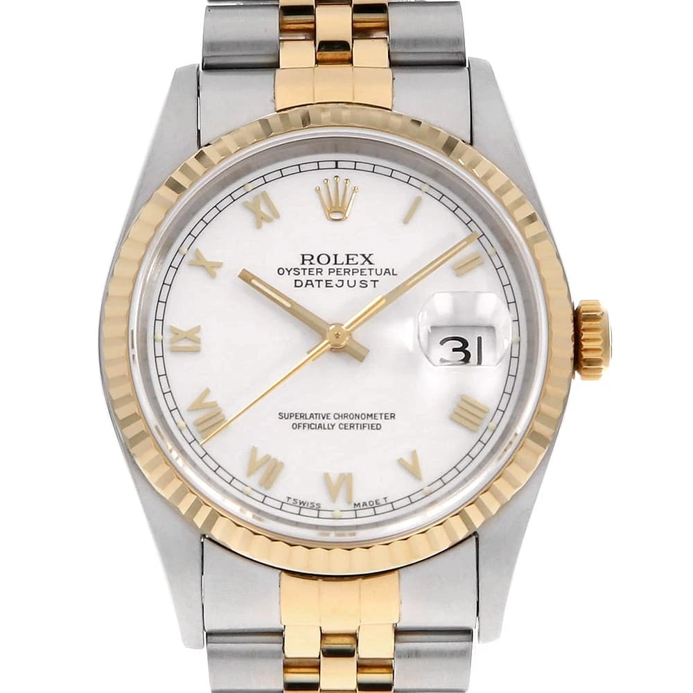 ROLEX DATEJUST WHITE WATCH: ROLEX Datejust white Watch Brand: ROLEX Type: Wrist watch Material: Band Material Stainless Steel/Yellow Gold, Case Material Stainless Steel/Yellow Gold Color: Dial color White Size: Case:W36mm Circum