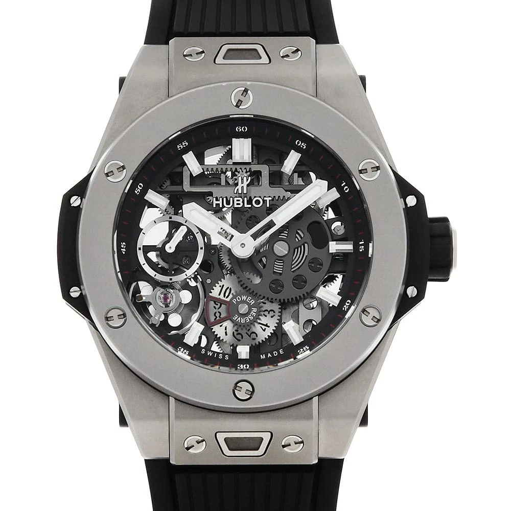 HUBLOT BIG BANG TITANIUM WATCH: HUBLOT big bang titanium Watch Brand: HUBLOT Type: Wrist watch Material: Band Material rubber, Case Material titanium Color: Dial color Skeleton Size: Case:W45mm Accessories: None Accessor