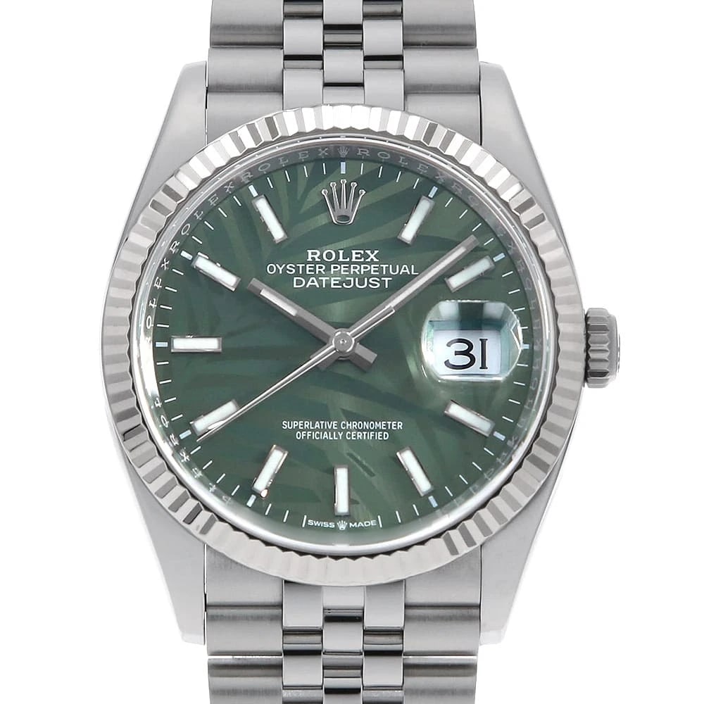 ROLEX DATEJUST OLIVE GREEN PALM MOTIF WATCH: ROLEX DATEJUST Olive green Palm Motif Watch Brand: ROLEX Type: Wrist watch Material: Band Material Stainless Steel, Case Material Stainless Steel/White gold Color: Dial color Olive Green Size: