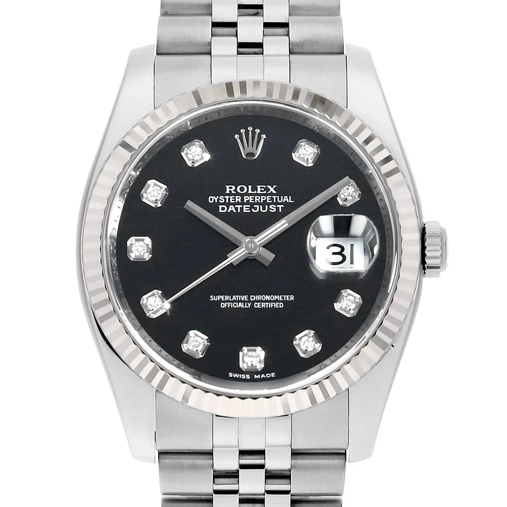 ROLEX DATEJUST DIAMOND BLACK ROW JUBILEE BRACELET WATCH: ROLEX Datejust Diamond black row jubilee bracelet Watch Brand: ROLEX Type: Wrist watch Material: Band Material Stainless Steel, Case Material Stainless Steel/White gold Color: Dial color Black Size: