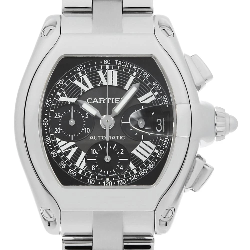 CARTIER ROADSTER CHRONOGRAPH WATCH: Cartier Roadster chronograph Watch Brand: Cartier Type: Wrist watch Material: Band Material Stainless Steel, Case Material Stainless Steel Color: Dial color Black Size: Case:W48mm x H43mm