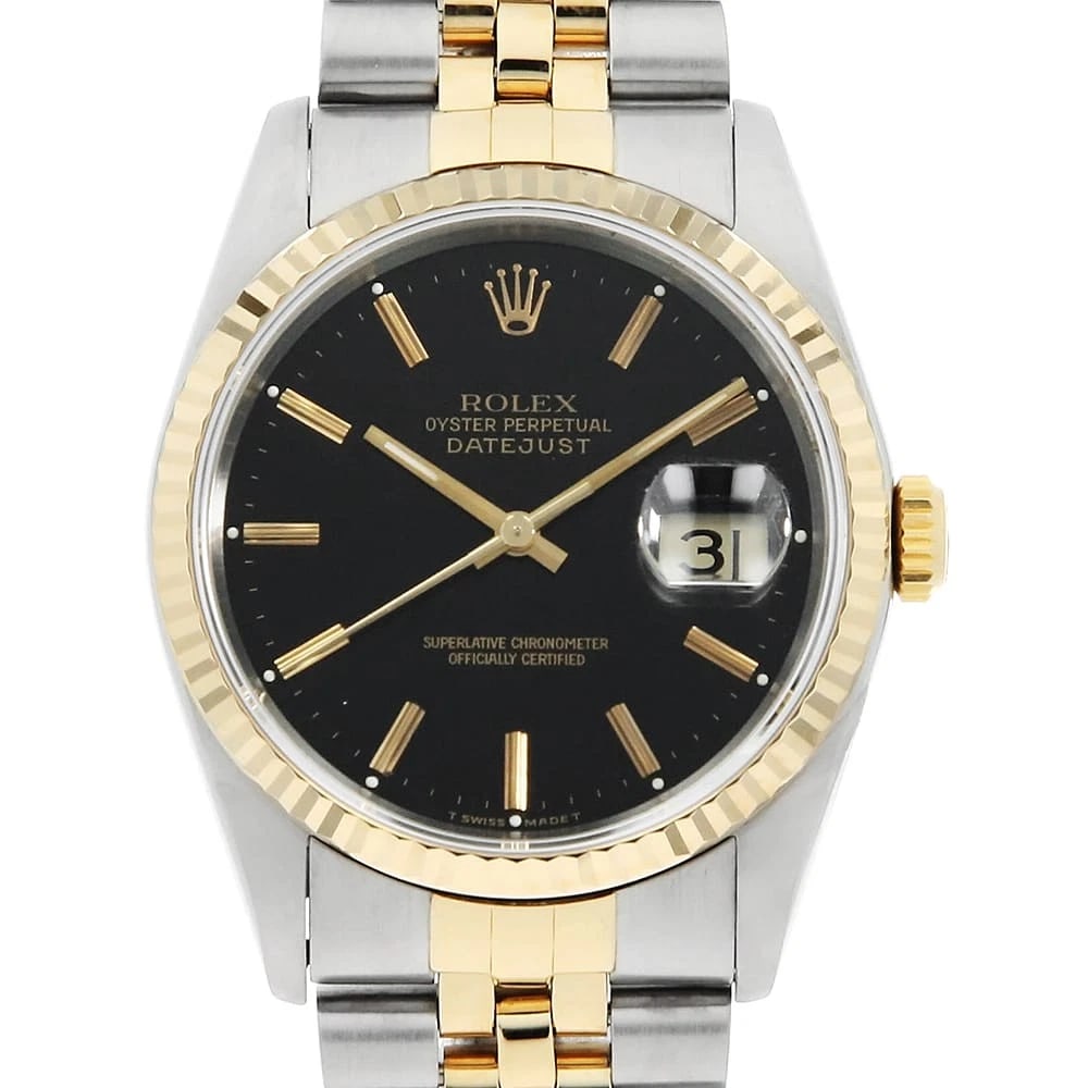 ROLEX DATEJUST BLACK WATCH: ROLEX Datejust black Watch Brand: ROLEX Type: Wrist watch Material: Band Material Stainless Steel/Yellow Gold, Case Material Stainless Steel/Yellow Gold Color: Dial color Black Size: Case:W36mm