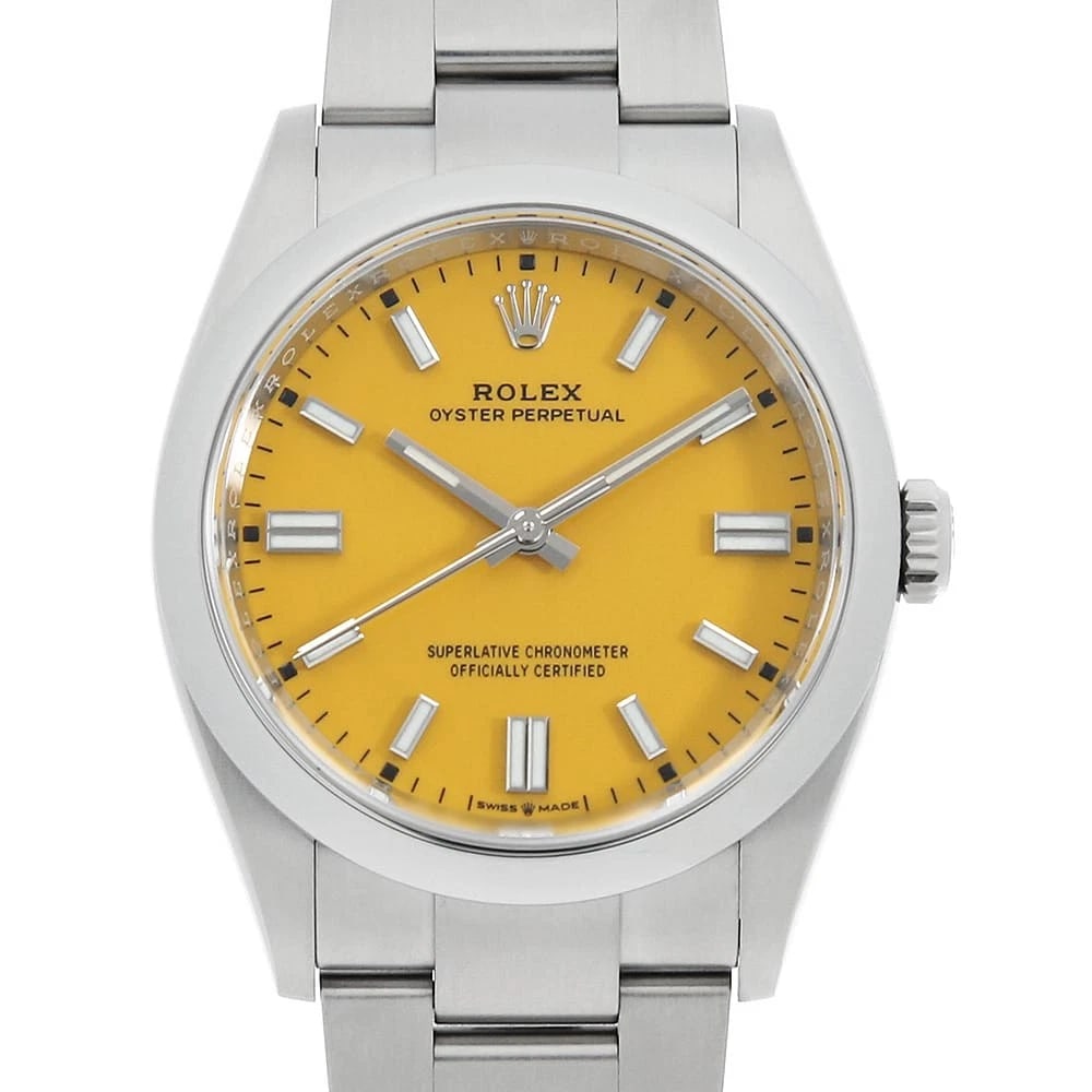 ROLEX OYSTER PERPETUAL YELLOW WATCH: ROLEX Oyster Perpetual yellow Watch Brand: ROLEX Type: Wrist watch Material: Band Material Stainless Steel, Case Material Stainless Steel Color: Dial color Yellow Size: Case:W36mm Circumference of