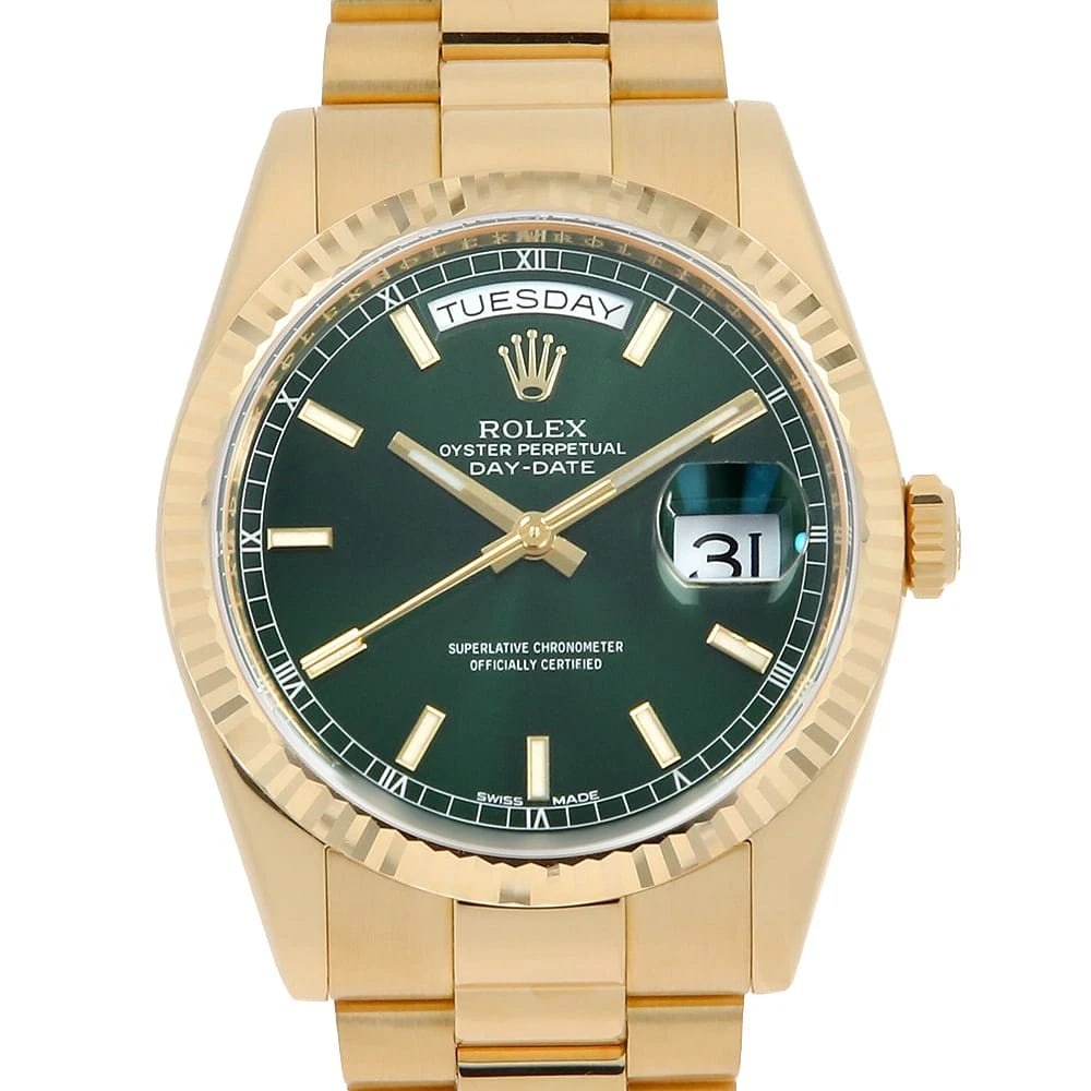 ROLEX DATE GREEN WATCH: ROLEX date green Watch Brand: ROLEX Type: Wrist watch Material: Band Material Yellow Gold, Case Material Yellow Gold Color: Dial color Green Size: Case:W36mm Circumference of Wrist:17cm Accessorie