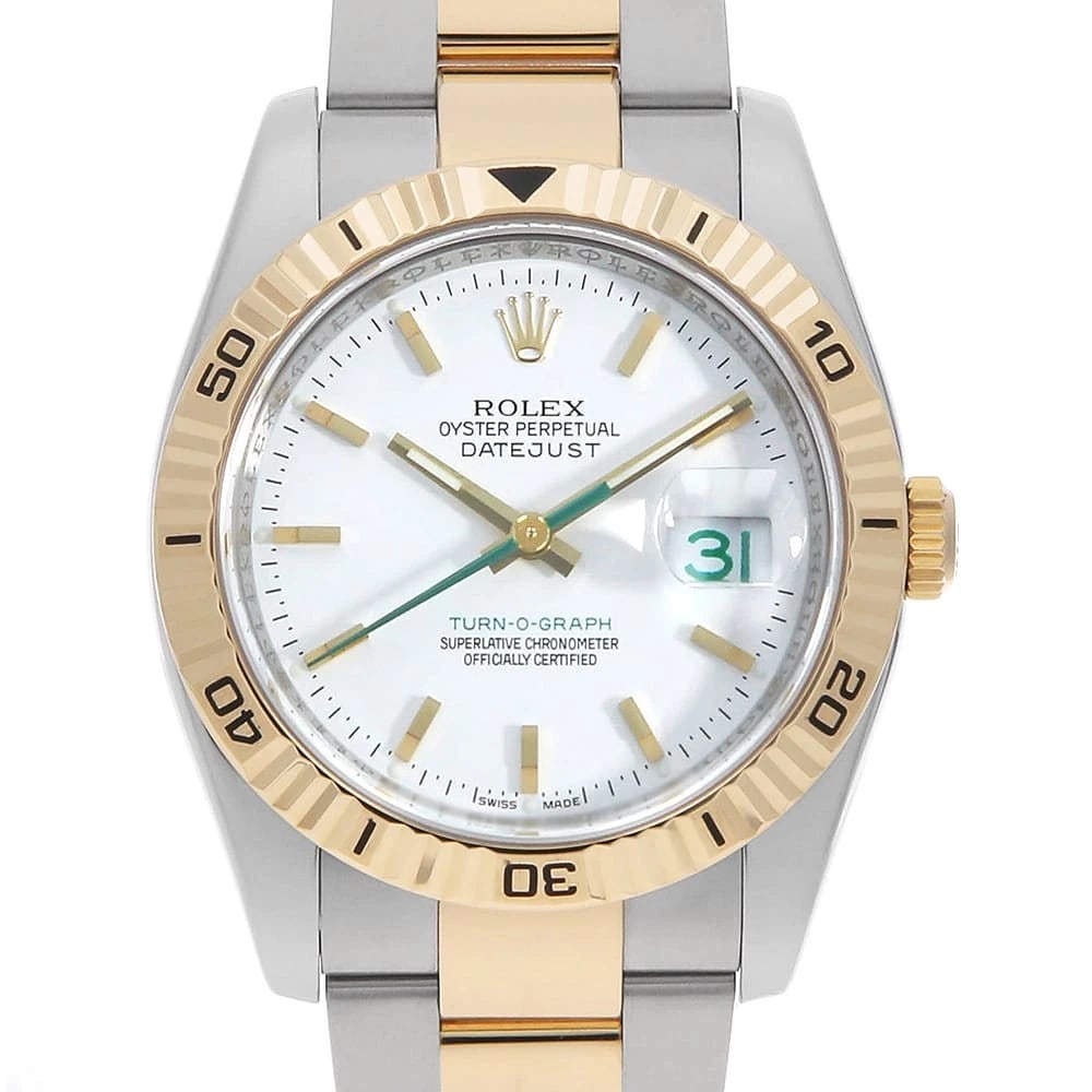 ROLEX TURNOGRAPH WHITE ROW OYSTER BRACELET WATCH: ROLEX Turnograph white row oyster bracelet Watch Brand: ROLEX Type: Wrist watch Material: Band Material Stainless Steel/Yellow Gold, Case Material Stainless Steel/Yellow Gold Color: Dial color White S