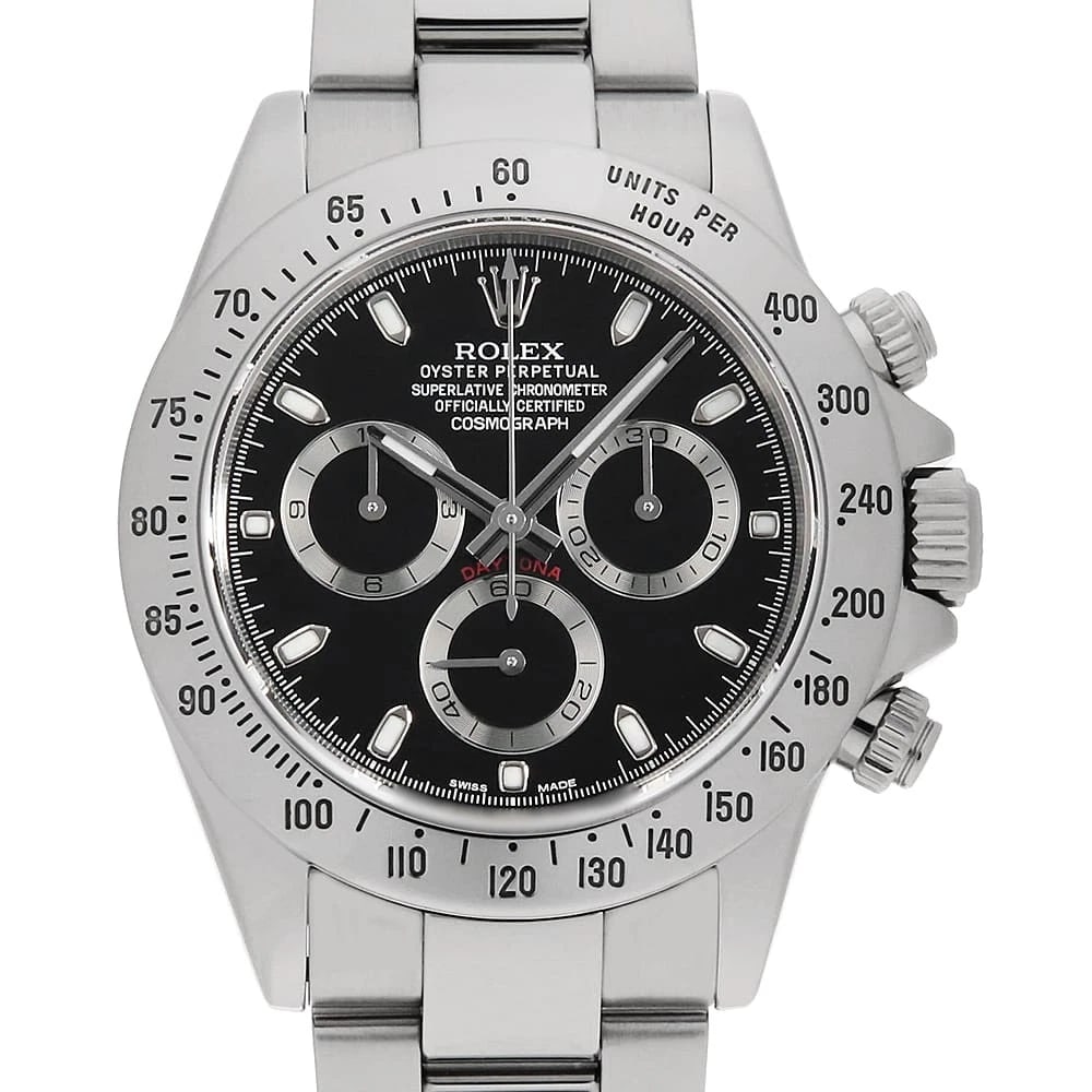ROLEX COSMOGRAPH DAYTONA BLACK WATCH: ROLEX Cosmograph Daytona black Watch Brand: ROLEX Type: Wrist watch Material: Band Material Stainless Steel, Case Material Stainless Steel Color: Dial color Black Size: Case:W40mm Circumference of Wri