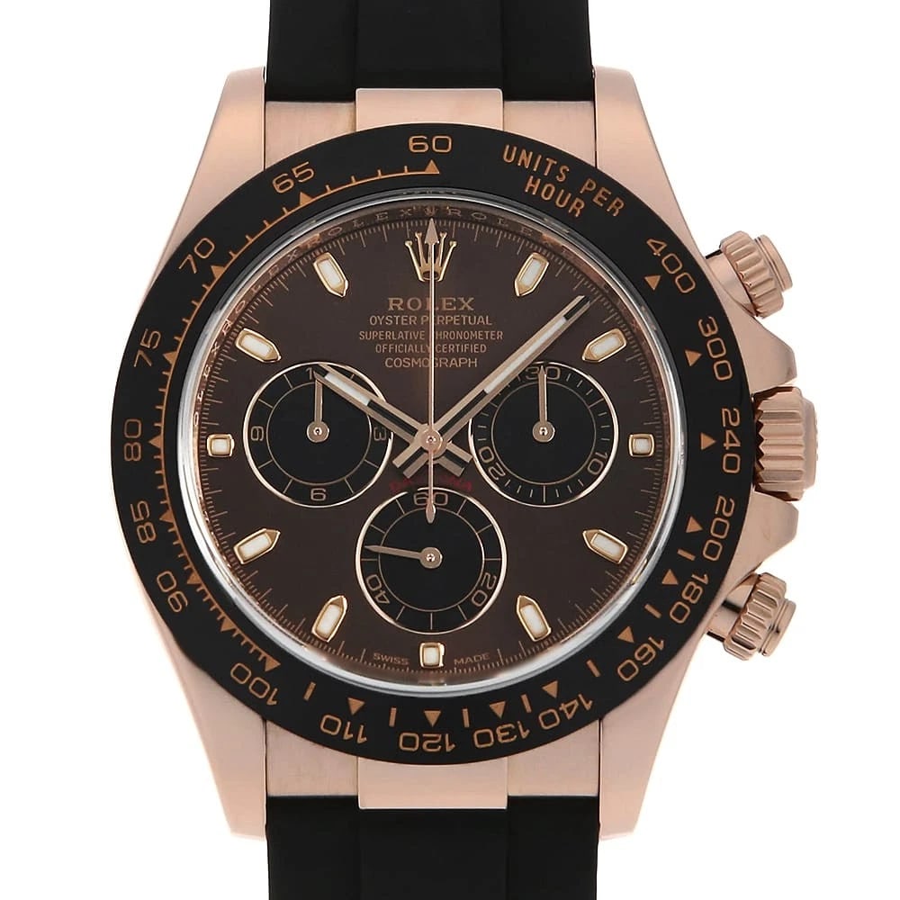 ROLEX COSMOGRAPH DAYTONA CHOCOLATE BROWN BLACK WATCH: ROLEX Cosmograph Daytona Chocolate brown black Watch Brand: ROLEX Type: Wrist watch Material: Band Material rubber, Case Material Everose Gold Color: Dial color Chocolate Brown Size: Case:W40mm Circum