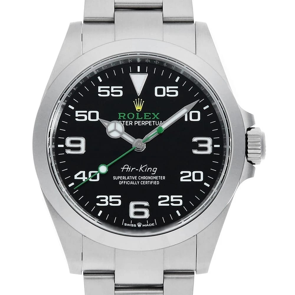 ROLEX AIR KING BLACK WATCH: ROLEX Air king black Watch Brand: ROLEX Type: Wrist watch Material: Band Material Stainless Steel, Case Material Stainless Steel Color: Dial color Black Size: Case:W40mm Circumference of Wrist:19.5cm 