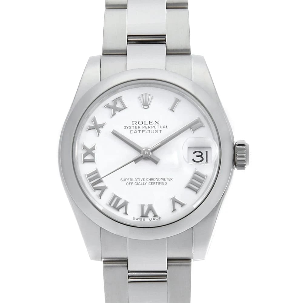 ROLEX DATEJUST WHITE ROME WATCH: ROLEX Datejust white Rome Watch Brand: ROLEX Type: Wrist watch Material: Band Material Stainless Steel, Case Material Stainless Steel Color: Dial color White Size: Case:W30mm Circumference of