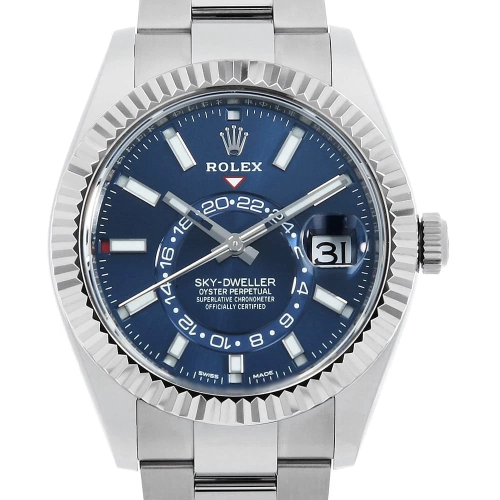 ROLEX SKY-DWELLER BLUE ROW OYSTER BRACELET WATCH: ROLEX SKY-DWELLER blue row oyster bracelet Watch Brand: ROLEX Type: Wrist watch Material: Band Material Stainless Steel, Case Material Stainless Steel/White gold Color: Dial color Blue Size: