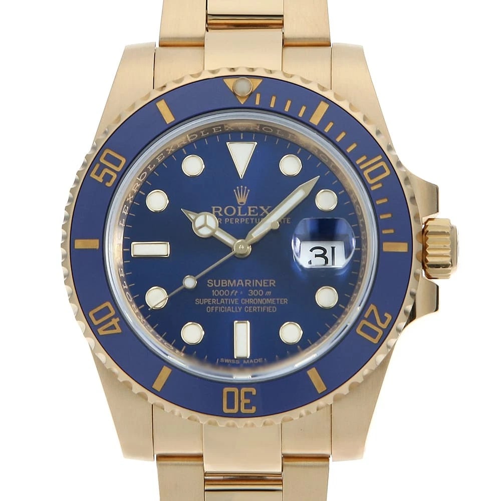 ROLEX SUBMARINER DATE BLUE WATCH: ROLEX SUBMARINER Date blue Watch Brand: ROLEX Type: Wrist watch Material: Band Material Yellow Gold, Case Material Yellow Gold Color: Dial color Blue Size: Case:W40mm Circumference of Wrist:21cm
