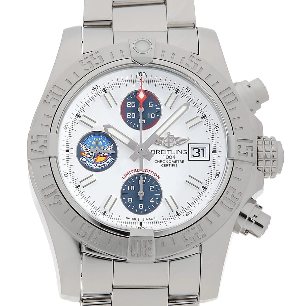 BREITLING AVENGER BLUE WATCH: BREITLING Avenger Blue Watch Brand: BREITLING Type: Wrist watch Material: Band Material Stainless Steel, Case Material Stainless Steel Color: Dial color White Size: Case:W43mm Circumference of