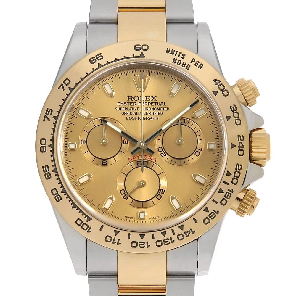 ROLEX COSMOGRAPH DAYTONA CHAMPAGNE WATCH: ROLEX Cosmograph Daytona Champagne Watch Brand: ROLEX Type: Wrist watch Material: Band Material Stainless Steel/Yellow Gold, Case Material Stainless Steel/Yellow Gold Color: Dial color Champagne Gold