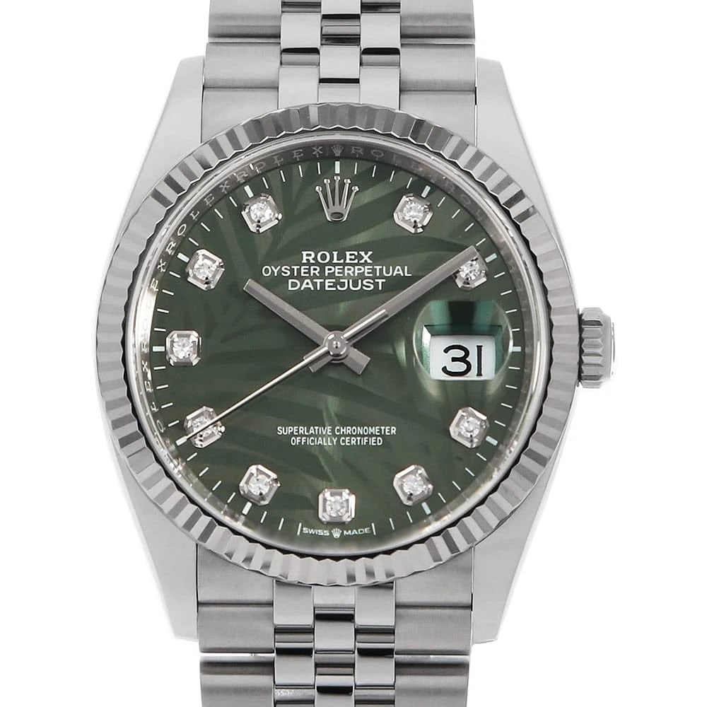 ROLEX DATEJUST DIAMOND OLIVE GREEN PALM MOTIF WATCH: ROLEX Datejust diamond Olive green Palm motif Watch Brand: ROLEX Type: Wrist watch Material: Band Material Stainless Steel, Case Material Stainless Steel/White gold Color: Dial color Olive Green Size: