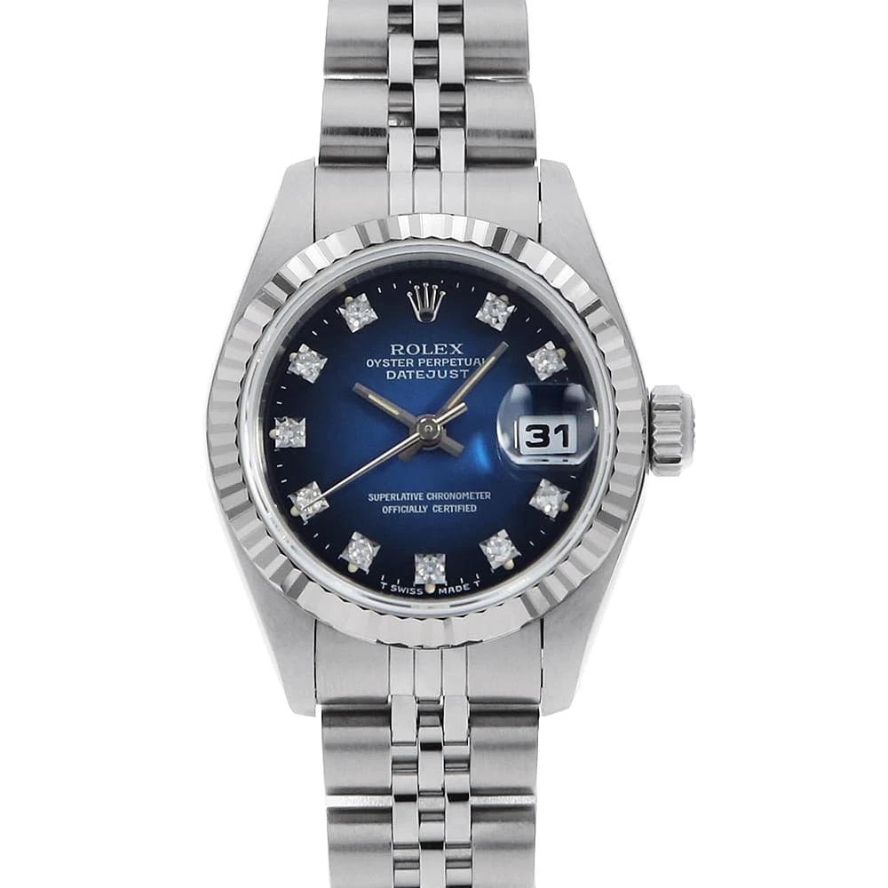 ROLEX DATEJUST DIAMOND BLUE WATCH: ROLEX Datejust Diamond blue Watch Brand: ROLEX Type: Wrist watch Material: Band Material Stainless Steel, Case Material Stainless Steel/White gold Color: Dial color Blue Size: Case:W26mm