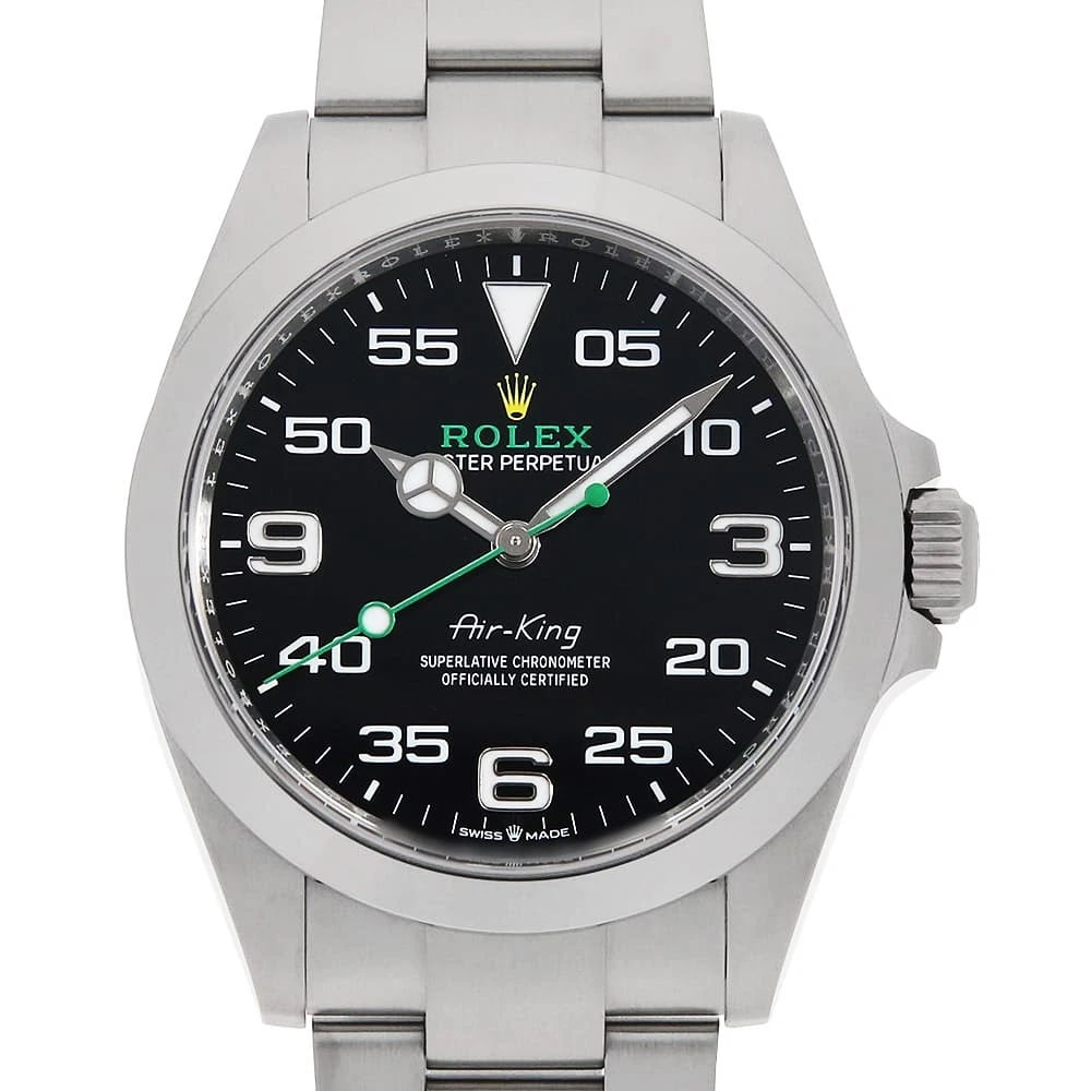ROLEX AIR KING BLACK WATCH: ROLEX Air king black Watch Brand: ROLEX Type: Wrist watch Material: Band Material Stainless Steel, Case Material Stainless Steel Color: Dial color Black Size: Case:W40mm Circumference of Wrist:19.5cm
