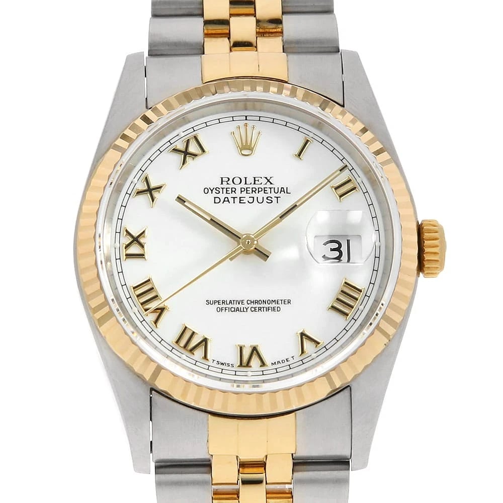 ROLEX DATEJUST WHITE SHANTUNG WATCH: ROLEX Datejust white Shantung Watch Brand: ROLEX Type: Wrist watch Material: Band Material Stainless Steel/Yellow Gold, Case Material Stainless Steel/Yellow Gold Color: Dial color White Size: Case:W36