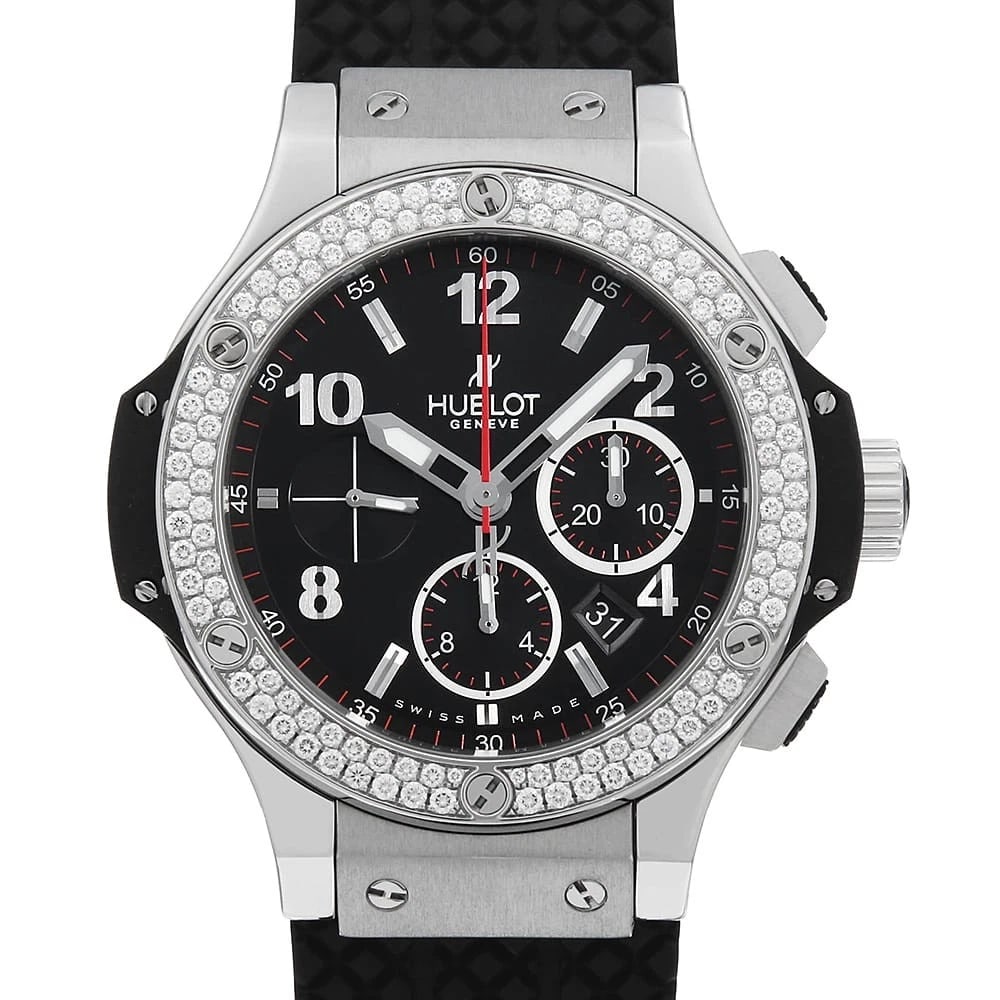 HUBLOT BIG BANG STEEL DIAMOND WATCH: HUBLOT Big bang steel diamond Watch Brand: HUBLOT Type: Wrist watch Material: Band Material rubber, Case Material Stainless Steel Color: Dial color Black Size: Case:W44mm Accessories: None