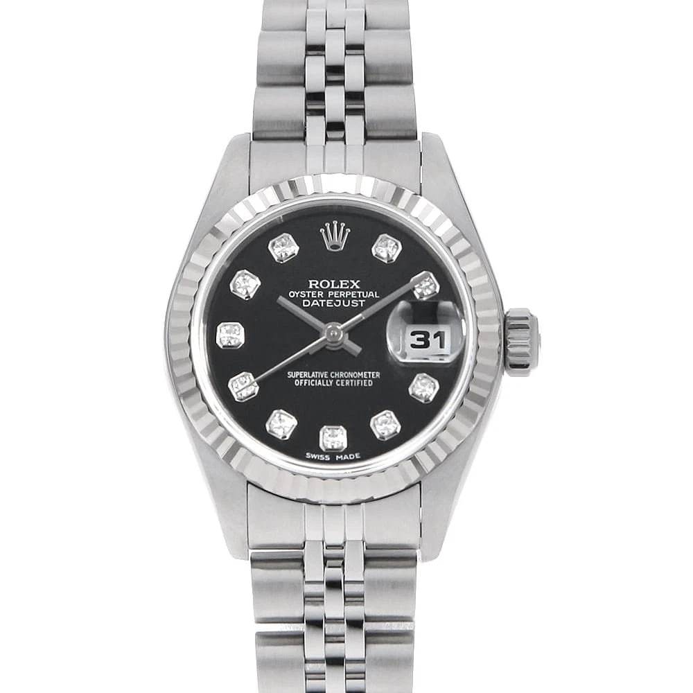 ROLEX DATEJUST DIAMOND BLACK WATCH: ROLEX Datejust Diamond black Watch Brand: ROLEX Type: Wrist watch Material: Band Material Stainless Steel, Case Material Stainless Steel/White gold Color: Dial color Black Size: Case:W26mm Circumferen