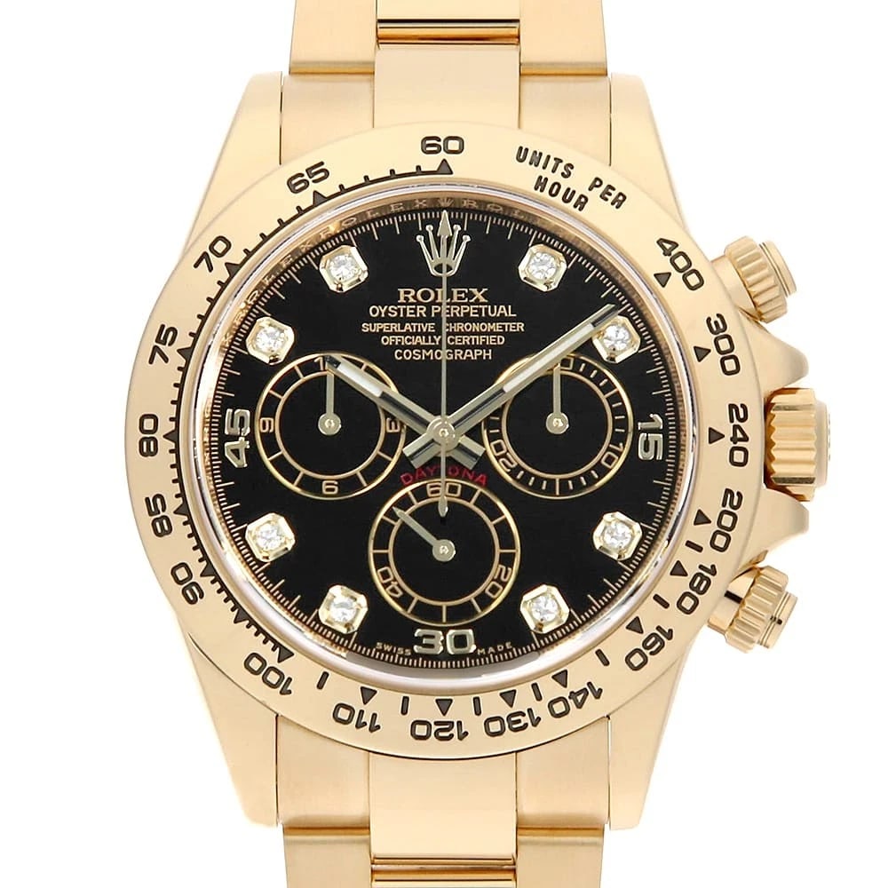 ROLEX COSMOGRAPH DAYTONA DIAMOND BLACK WATCH: ROLEX Cosmograph Daytona diamond black Watch Brand: ROLEX Type: Wrist watch Material: Band Material Yellow Gold, Case Material Yellow Gold Color: Dial color Black Size: Case:W40mm Circumference of Wri