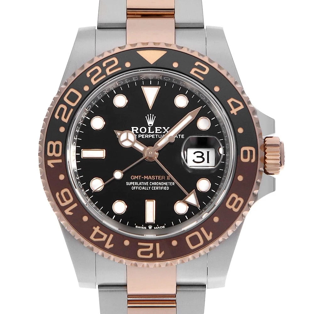 ROLEX GMT MASTER BLACK WATCH: ROLEX GMT Master black Watch Brand: ROLEX Type: Wrist watch Material: Band Material Stainless Steel/Everose Gold, Case Material Stainless Steel/Everose Gold Color: Dial color Black Size: Case:W40mm Ci