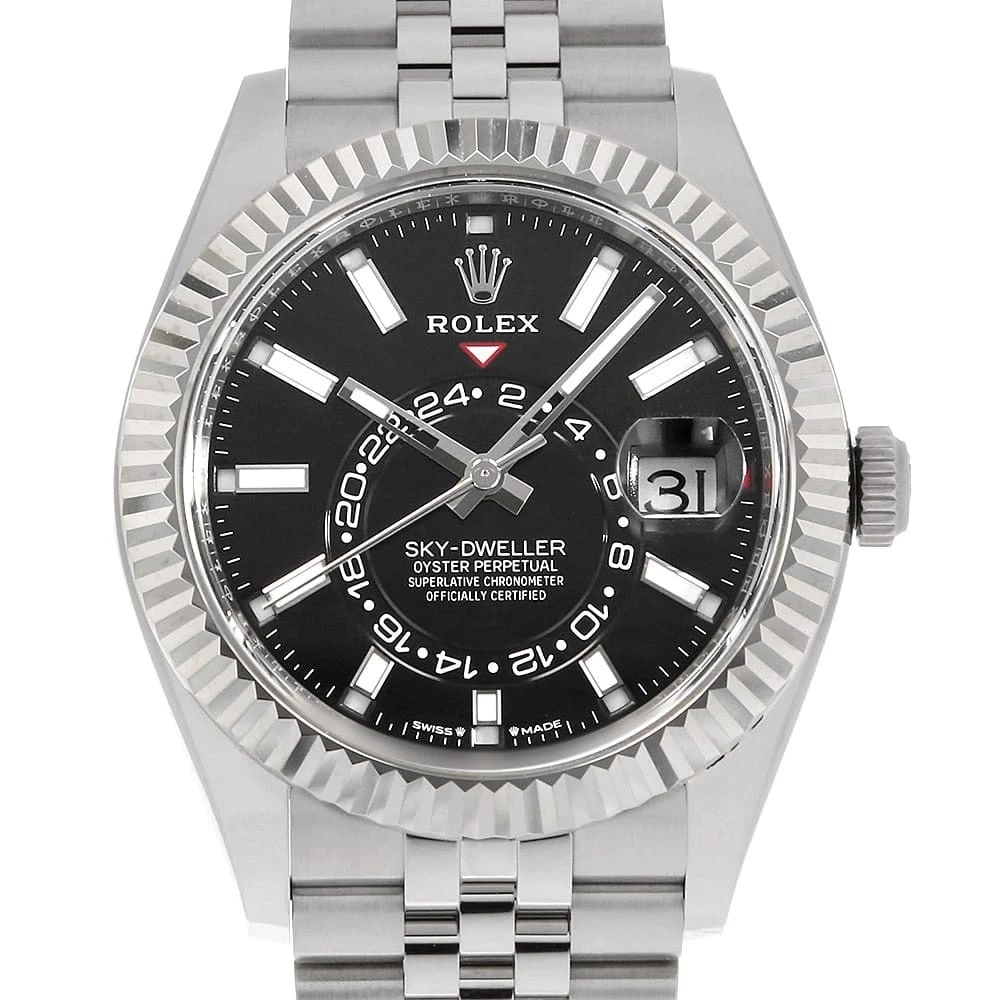 ROLEX SKY-DWELLER BLACK ROW JUBILEE BRACELET WATCH: ROLEX SKY-DWELLER black row jubilee bracelet Watch Brand: ROLEX Type: Wrist watch Material: Band Material Stainless Steel, Case Material Stainless Steel/White gold Color: Dial color Black Size: