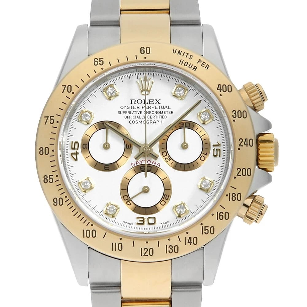 ROLEX COSMOGRAPH DAYTONA DIAMOND WHITE WATCH: ROLEX Cosmograph Daytona diamond white Watch Brand: ROLEX Type: Wrist watch Material: Band Material Stainless Steel/Yellow Gold, Case Material Stainless Steel/Yellow Gold Color: Dial color White Size: