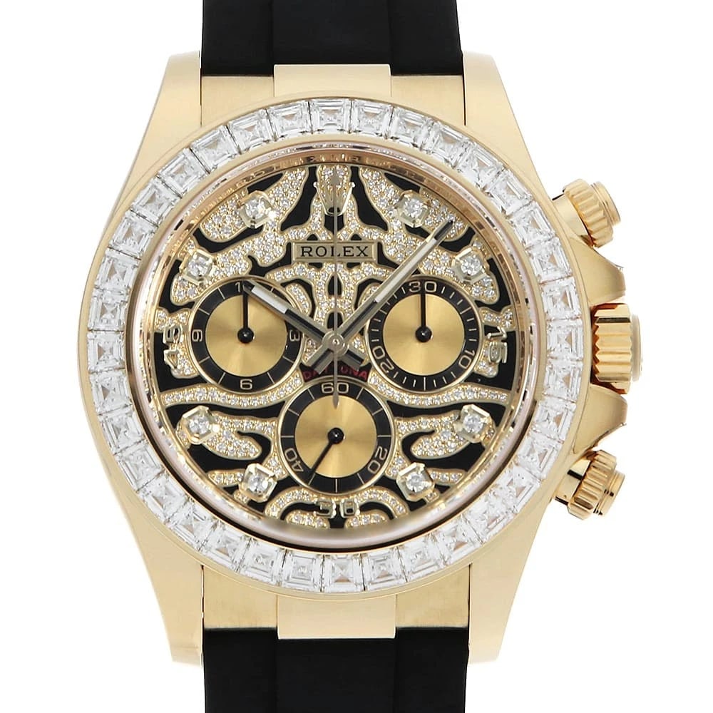 ROLEX COSMOGRAPH DAYTONA BEZEL DIAMOND WATCH: ROLEX Cosmograph Daytona Bezel Diamond Watch Brand: ROLEX Type: Wrist watch Material: Band Material rubber, Case Material Yellow Gold Color: Dial color Black Size: Case:W40mm Circumference of Wrist:18