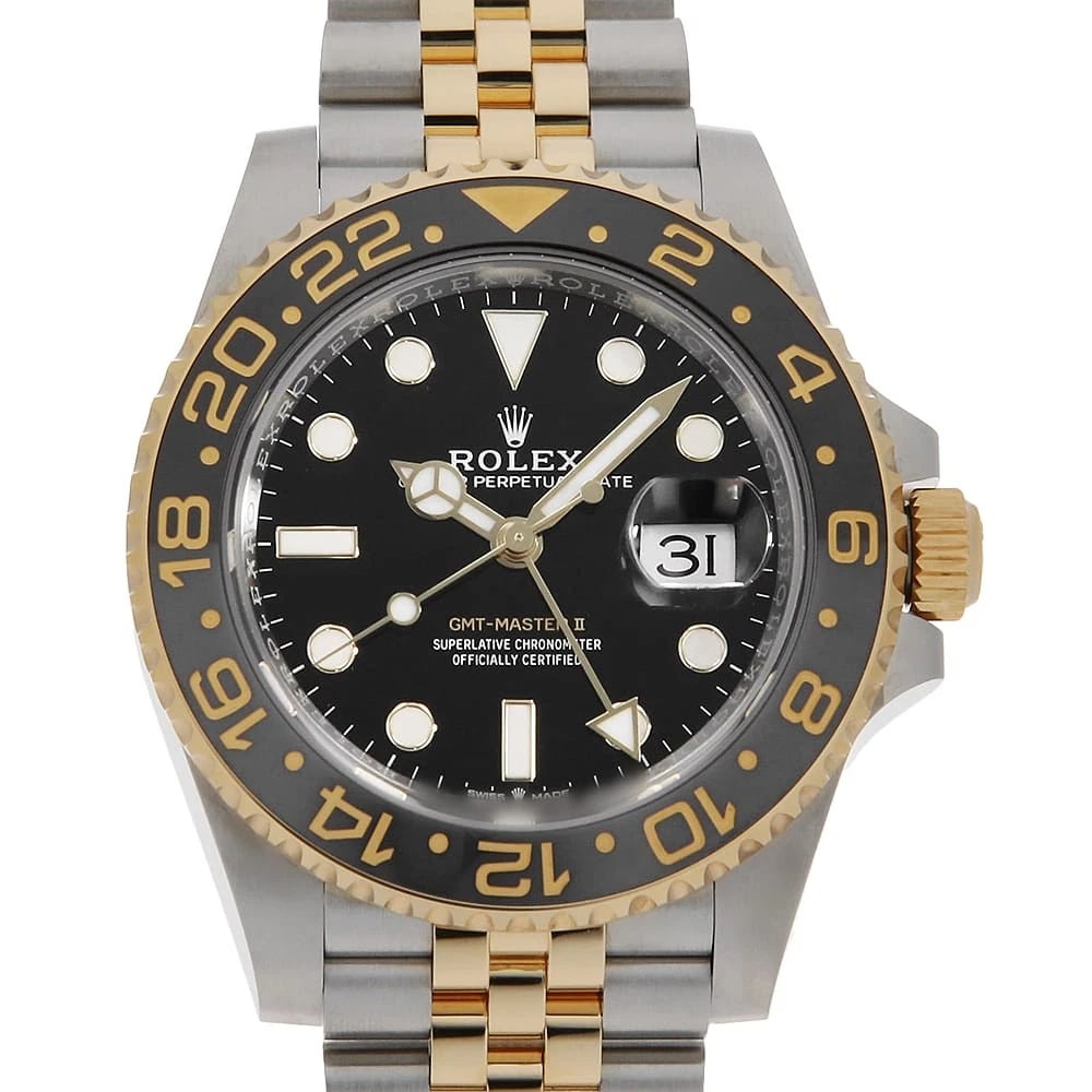 ROLEX GMT MASTER BLACK WATCH: ROLEX GMT Master black Watch Brand: ROLEX Type: Wrist watch Material: Band Material Stainless Steel/Yellow Gold, Case Material Stainless Steel/Yellow Gold Color: Dial color Black Size: Case:W40mm