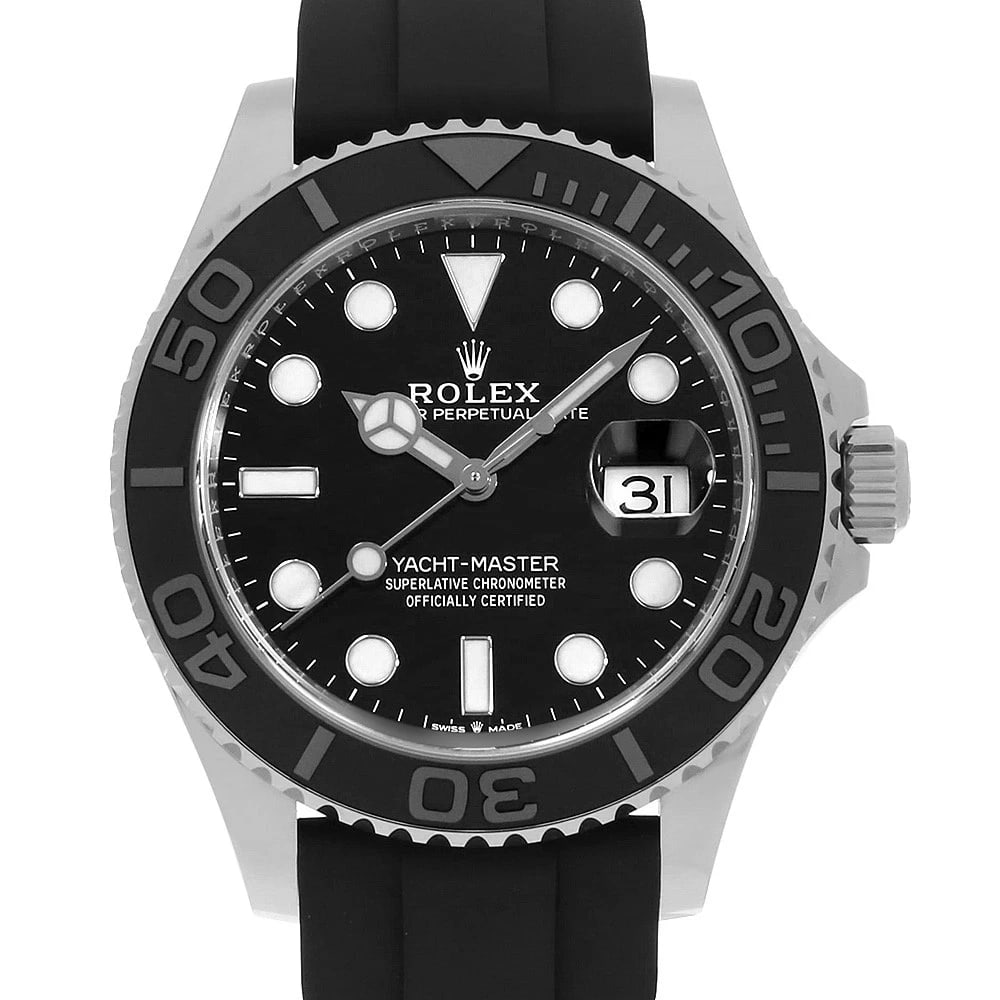 ROLEX YACHT MASTER BLACK WATCH: ROLEX Yacht Master black Watch Brand: ROLEX Type: Wrist watch Material: Band Material rubber, Case Material White Gold Color: Dial color Black Size: Case:W42mm Circumference of Wrist:19cm Accessor