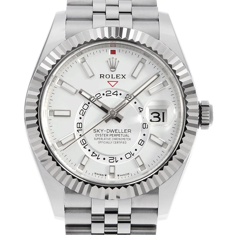 ROLEX SKY-DWELLER WHITE ROW JUBILEE BRACELET WATCH: ROLEX SKY-DWELLER white row jubilee bracelet Watch Brand: ROLEX Type: Wrist watch Material: Band Material Stainless Steel, Case Material Stainless Steel/White gold Color: Dial color White Size: