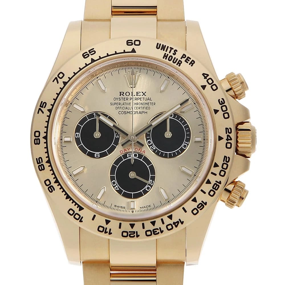 ROLEX COSMOGRAPH DAYTONA GOLDEN BRIGHT BLACK WATCH: ROLEX Cosmograph Daytona Golden Bright Black Watch Brand: ROLEX Type: Wrist watch Material: Band Material Yellow Gold, Case Material Yellow Gold Color: Dial color Golden Size: Case:W40mm Circumference