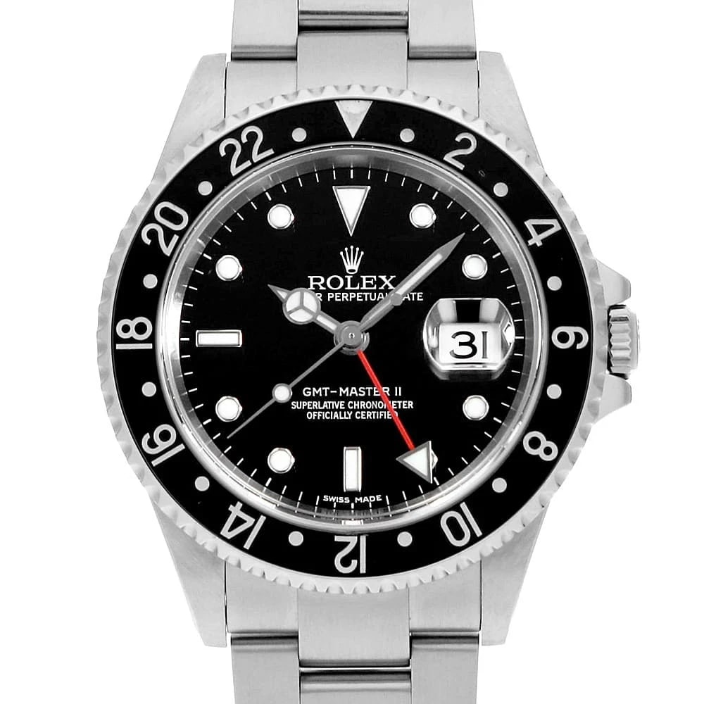 ROLEX GMT MASTER BLACK WATCH: ROLEX GMT Master black Watch Brand: ROLEX Type: Wrist watch Material: Band Material Stainless Steel, Case Material Stainless Steel Color: Dial color Black Size: Case:W40mm Circumference of