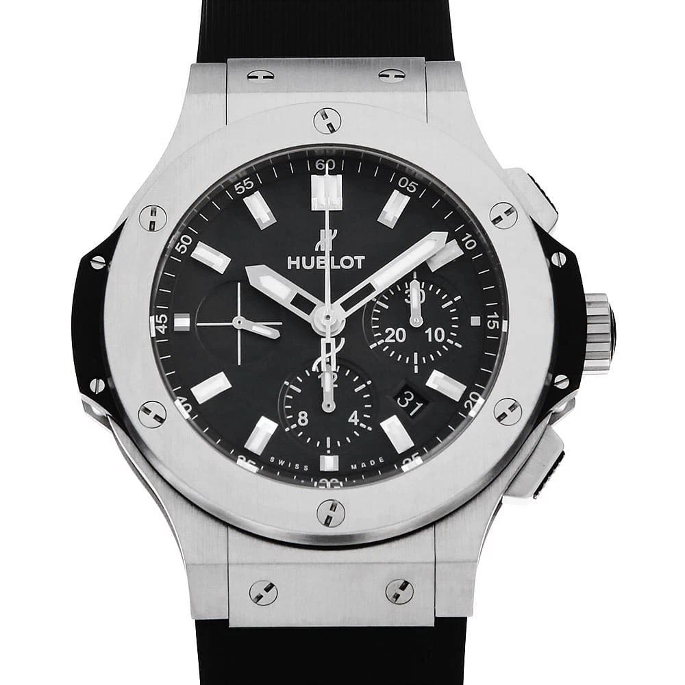 HUBLOT BIG BANG STEEL WATCH: HUBLOT Big bang steel Watch Brand: HUBLOT Type: Wrist watch Material: Band Material rubber, Case Material Stainless Steel Color: Dial color Black Size: Case:W44mm Accessories: None Accesso