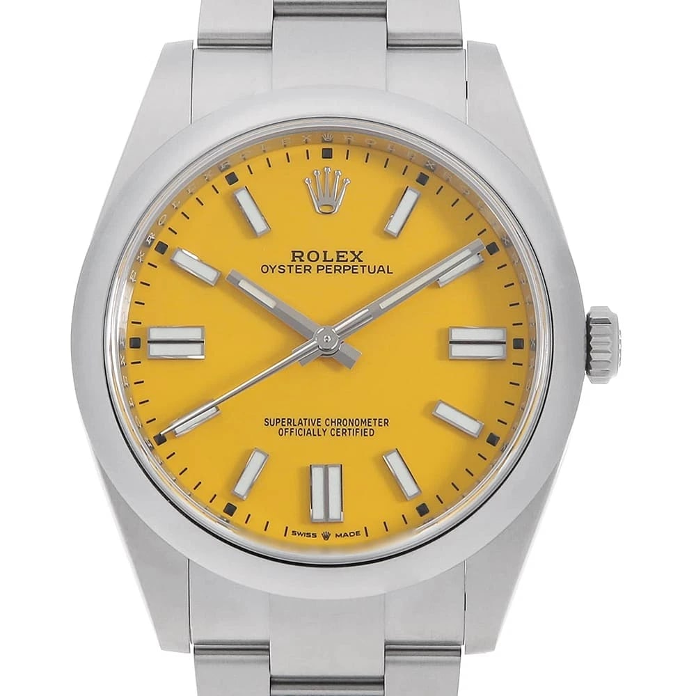 ROLEX OYSTER PERPETUAL YELLOW WATCH: ROLEX Oyster Perpetual yellow Watch Brand: ROLEX Type: Wrist watch Material: Band Material Stainless Steel, Case Material Stainless Steel Color: Dial color Yellow Size: Case:W41mm Circumference of Wri