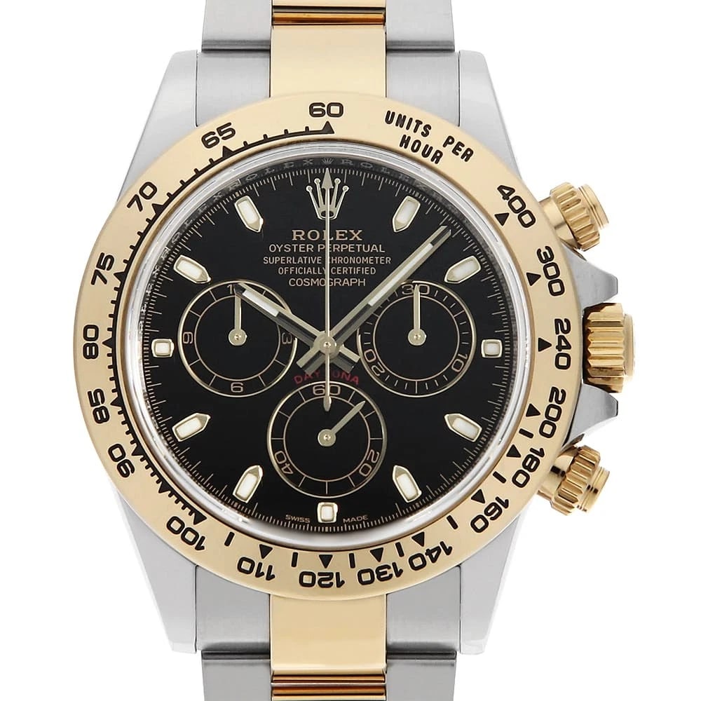 ROLEX COSMOGRAPH DAYTONA BLACK WATCH: ROLEX Cosmograph Daytona black Watch Brand: ROLEX Type: Wrist watch Material: Band Material Stainless Steel/Yellow Gold, Case Material Stainless Steel/Yellow Gold Color: Dial color Black Size: Case:W4