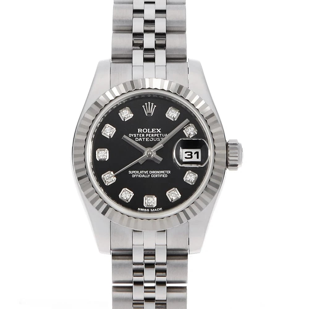 ROLEX DATEJUST DIAMOND BLACK WATCH: ROLEX Datejust Diamond black Watch Brand: ROLEX Type: Wrist watch Material: Band Material Stainless Steel, Case Material Stainless Steel/White gold Color: Dial color Black Size: Case:W26mm Circumferen