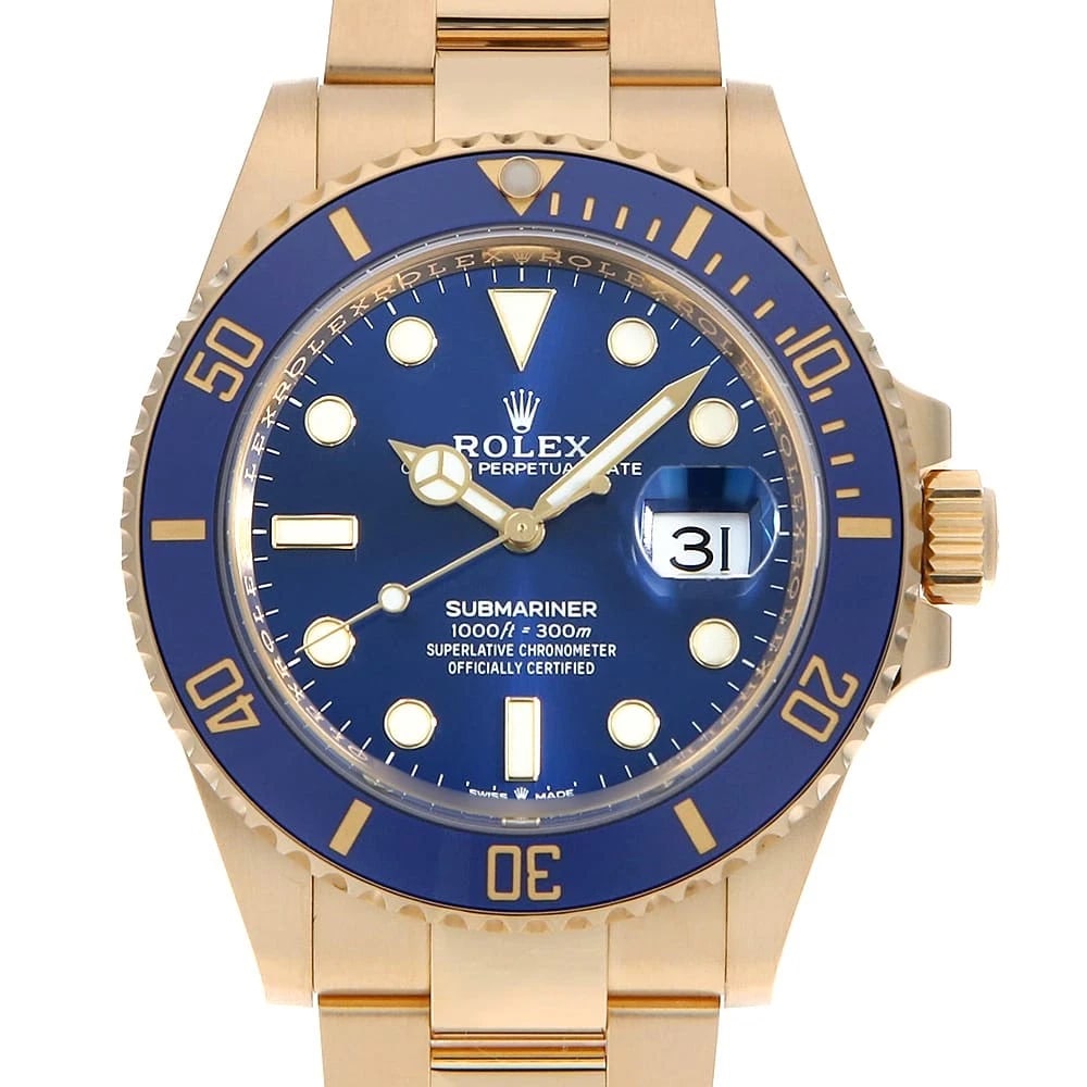 ROLEX SUBMARINER DATE BLUE WATCH: ROLEX SUBMARINER Date blue Watch Brand: ROLEX Type: Wrist watch Material: Band Material Yellow Gold, Case Material Yellow Gold Color: Dial color Blue Size: Case:W41mm Circumference of Wrist:20.5cm