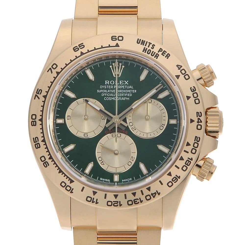 ROLEX COSMOGRAPH DAYTONA GREEN GOLDEN WATCH: ROLEX Cosmograph Daytona green Golden Watch Brand: ROLEX Type: Wrist watch Material: Band Material Yellow Gold, Case Material Yellow Gold Color: Dial color Green Size: Case:W40mm Circumference of