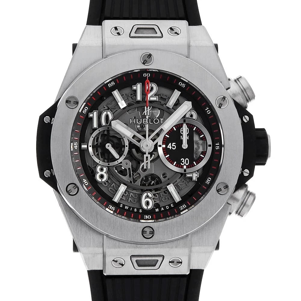 HUBLOT BIG BANG UNICO TITANIUM WATCH: HUBLOT Big Bang Unico Titanium Watch Brand: HUBLOT Type: Wrist watch Material: Band Material rubber, Case Material Titanium Color: Dial color Skeleton Size: Case:W45mm Accessories: None Accessories
