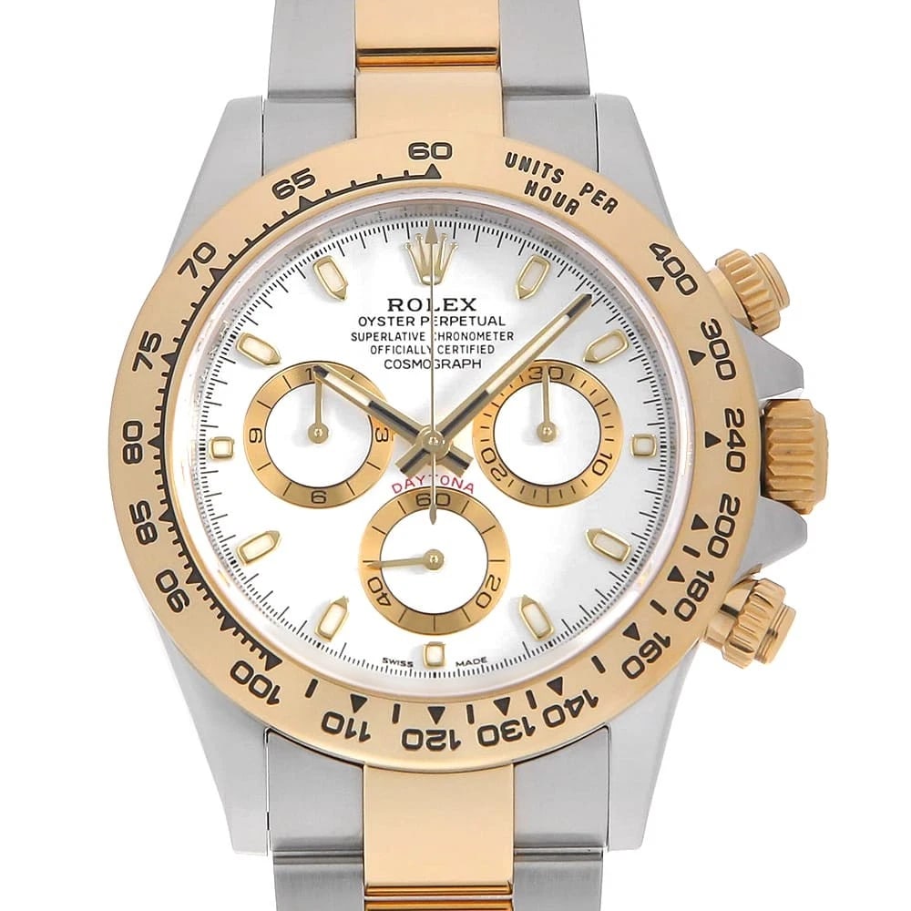 ROLEX COSMOGRAPH DAYTONA WHITE WATCH: ROLEX Cosmograph Daytona white Watch Brand: ROLEX Type: Wrist watch Material: Band Material Stainless Steel/Yellow Gold, Case Material Stainless Steel/Yellow Gold Color: Dial color White Size: Case:W4