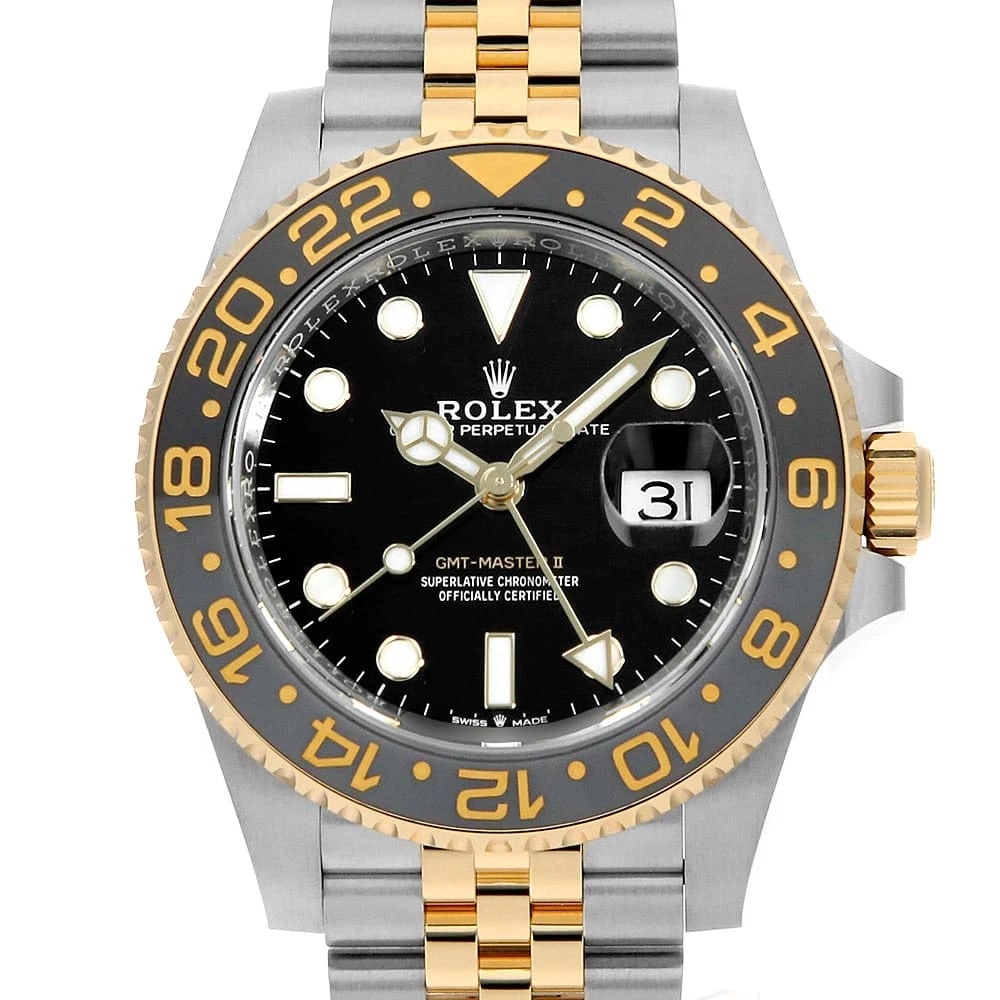 ROLEX GMT MASTER BLACK WATCH: ROLEX GMT Master black Watch Brand: ROLEX Type: Wrist watch Material: Band Material Stainless Steel/Yellow Gold, Case Material Stainless Steel/Yellow Gold Color: Dial color Black Size: Case:W40mm Circ