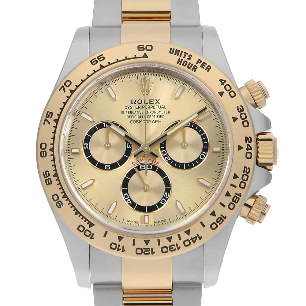 ROLEX COSMOGRAPH DAYTONA GOLDEN WATCH: ROLEX Cosmograph Daytona Golden Watch Brand: ROLEX Type: Wrist watch Material: Band Material Stainless Steel/Yellow Gold, Case Material Stainless Steel/Yellow Gold Color: Dial color Golden Size: